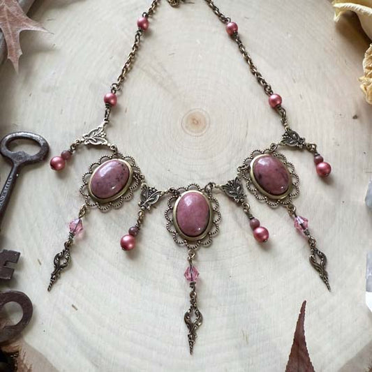 THEODORA Necklace - brass with Rhodonite