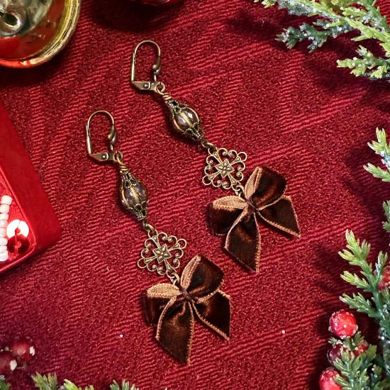 VELVET BOWS Earrings - brown with brass