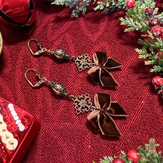 VELVET BOWS Earrings - brown with brass