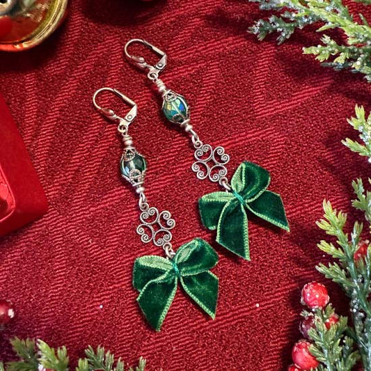 VELVET BOWS Earrings - green with silver