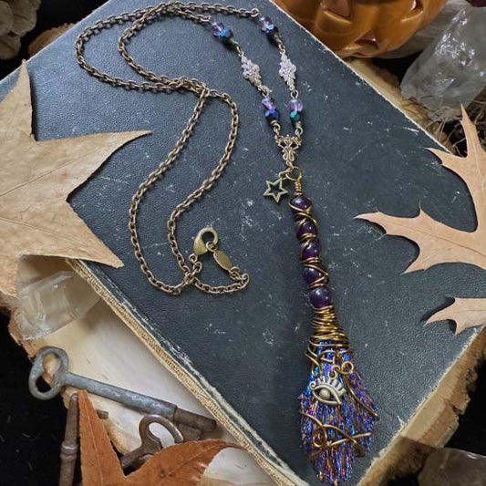 WITCH'S BROOM Necklace - Metallic Blue Kyanite and Amethyst