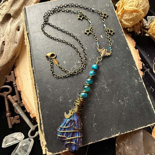 WITCH'S BROOM Necklace - Metallic Blue Kyanite and Blue Green Tiger Eye