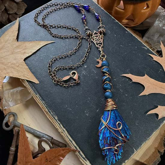 WITCH'S BROOM Necklace - Metallic Blue Kyanite and Blue Druzy Quartz