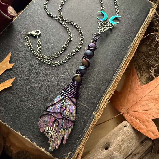 WITCH'S BROOM Necklace - Rainbow Kyanite and Pixie Dust Druzy Quartz