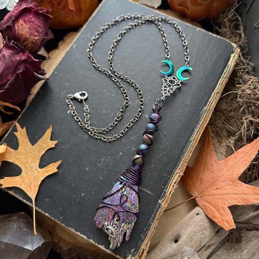WITCH'S BROOM Necklace - Rainbow Kyanite and Pixie Dust Druzy Quartz
