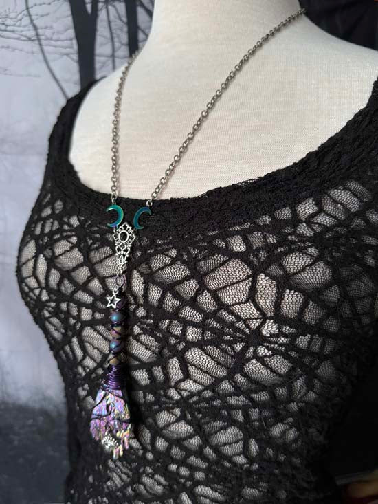 WITCH'S BROOM Necklace - Rainbow Kyanite and Pixie Dust Druzy Quartz