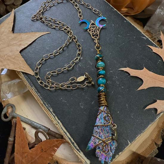 WITCH'S BROOM Necklace - Rainbow Kyanite and Blue Green Tiger Eye