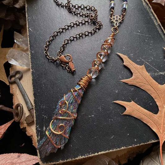 WITCH'S BROOM Necklace - Rainbow Kyanite and Faceted Quartz Crystal