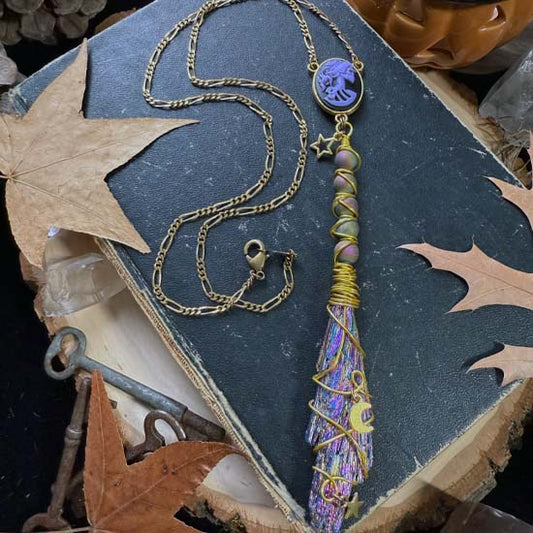 WITCH'S BROOM Necklace - Rainbow Kyanite and Pixie Dust Druzy Quartz