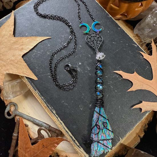 WITCH'S BROOM Necklace - Rainbow Kyanite & Faceted Crystal
