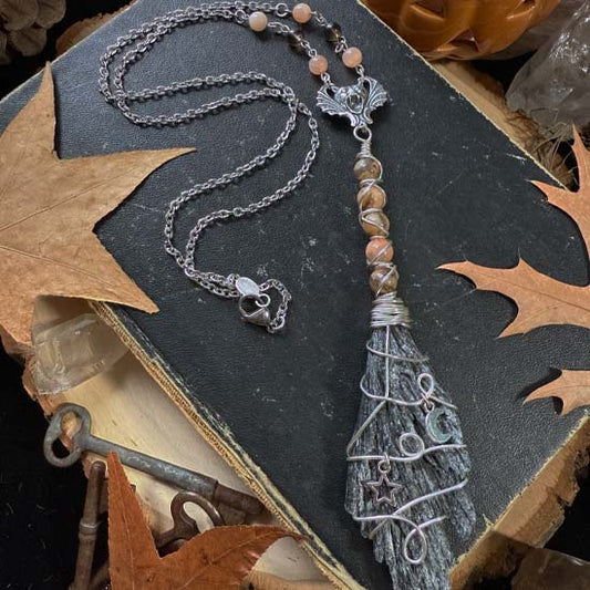 WITCH'S BROOM Necklace - Black Kyanite and Peach Moonstone w/Smoky Quartz