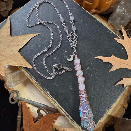 WITCH'S BROOM Necklace - Rainbow Kyanite and Rose Quartz